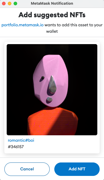 MetaMask `wallet_watchAsset` NFT confirmation dialog showing token details